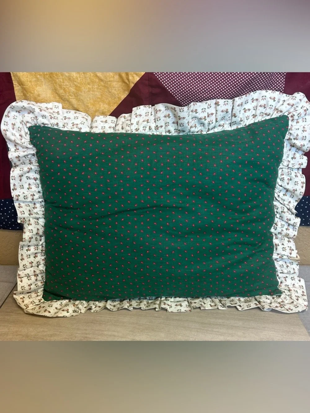 Vintage 1980's  Goose Christmas Handmade Pillow with Ducks on Edging Approx 22
